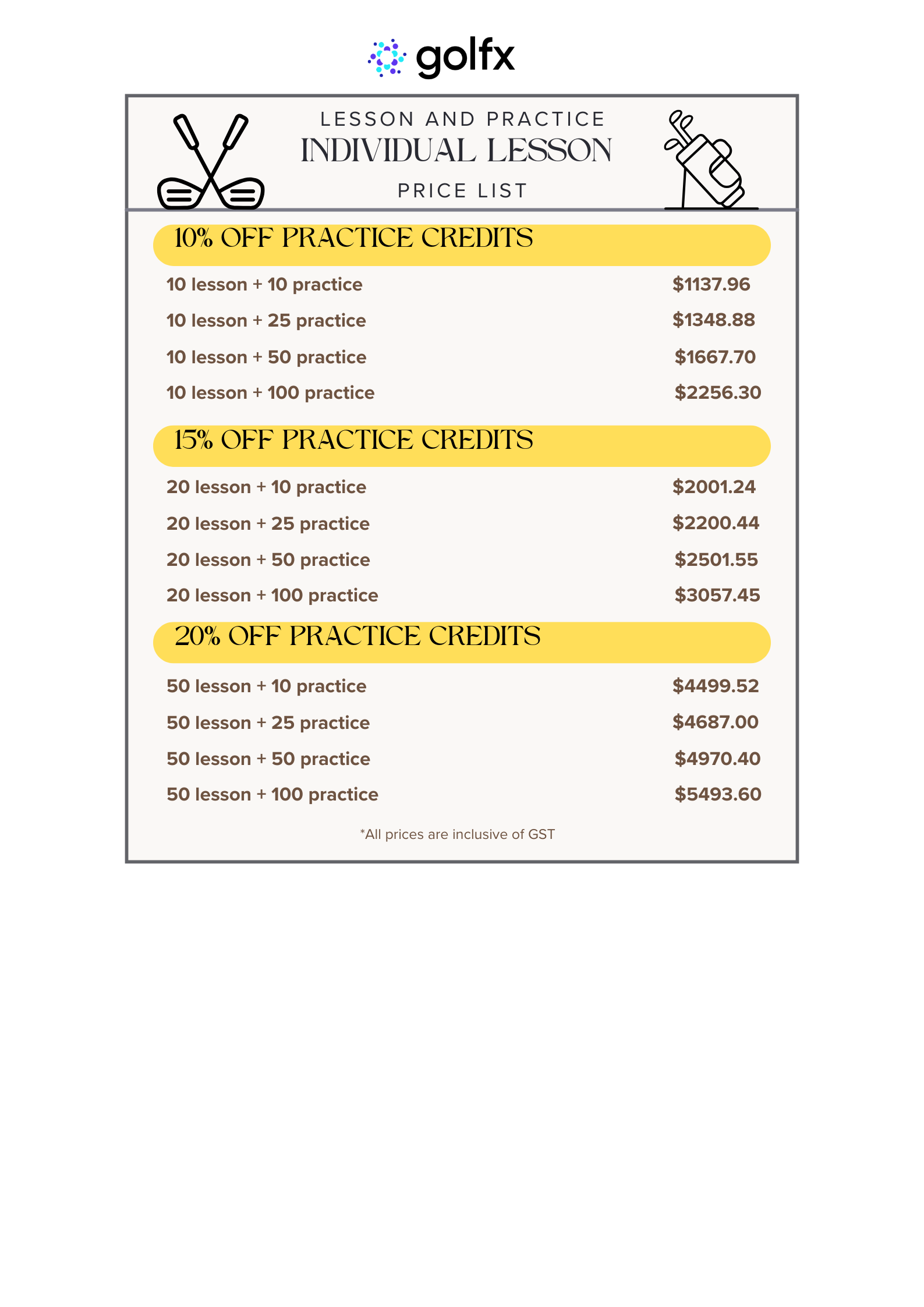 practice lesson individual price